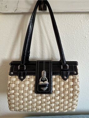 Brighton Woven Straw & Black Croc-Embossed Leather Shoulder Bag